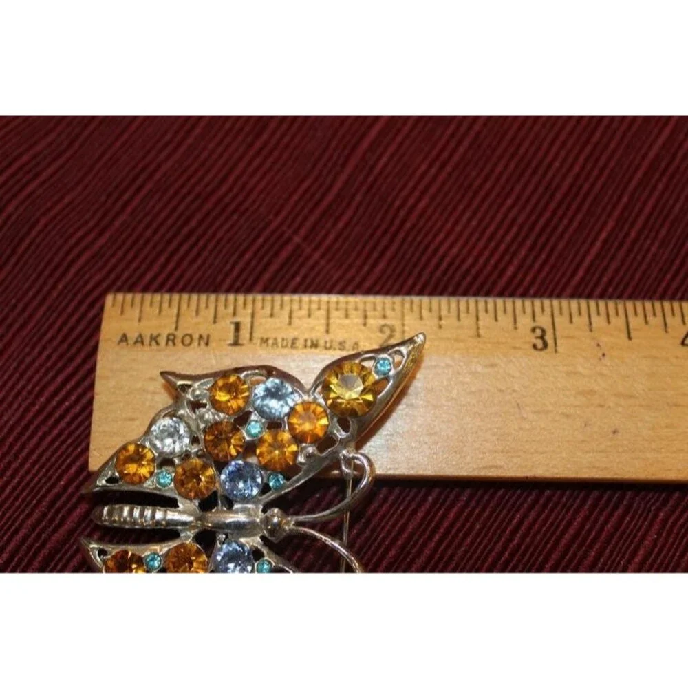 Vintage White Blue and Amber Rhinestone Butterfly Silver Color Brooch/Pin